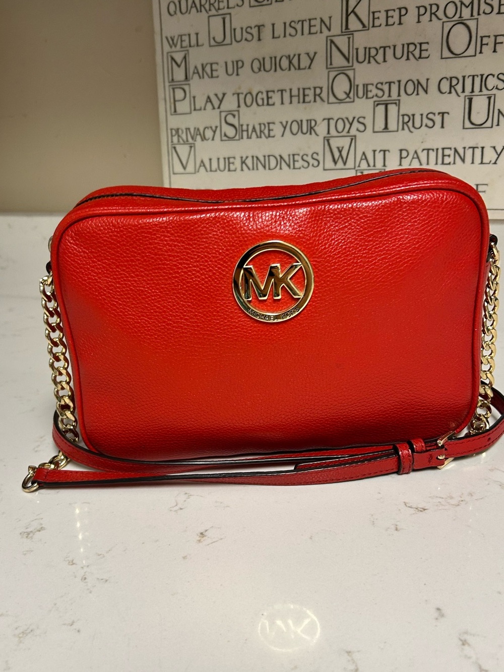 Michael Kors Red Pebbled Leather Crossbody with Gold MK Emblem